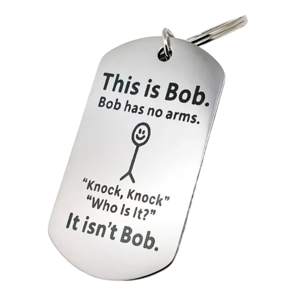 Humorous Silver Dog Tag Keychain, Knock Knock Joke, NWOT - Picture 1 of 1